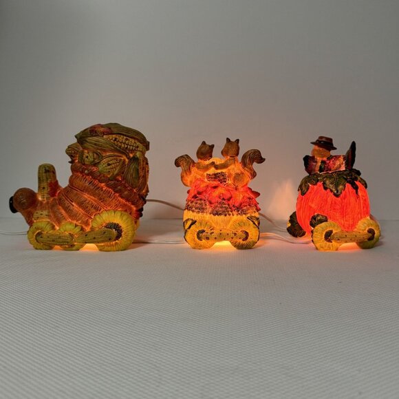 Vintage Ceramic Light-Up Train Set Autumn Harvest Fall Cornucopia Squirrels 3 pc - Picture 5 of 16